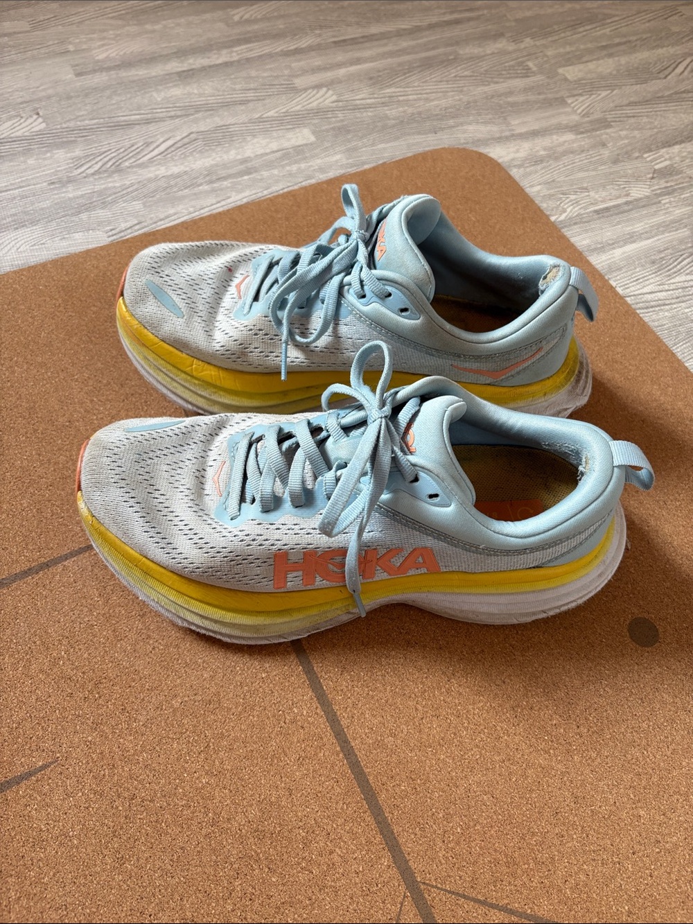 Hoka W Bondi 8 Women's Light Blue, Yellow & Coral Athletic Running Shoes - Picture 3 of 7